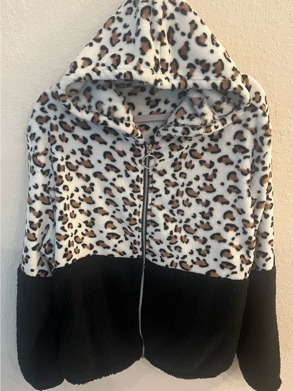 Leopard Print Hooded Sherpa Jacket with Black Panel